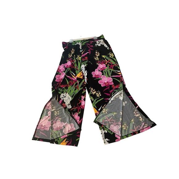 G.I.L.I. Jetsetter Flared Leg Pant Women's L/XL Black Floral Side Ankle Slit Hem - Picture 4 of 7